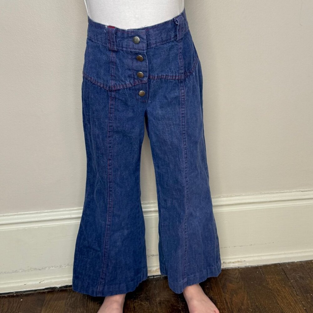Vintage 1970s Kids Bell Bottom Blue Jeans, Snap Fly, Size 6